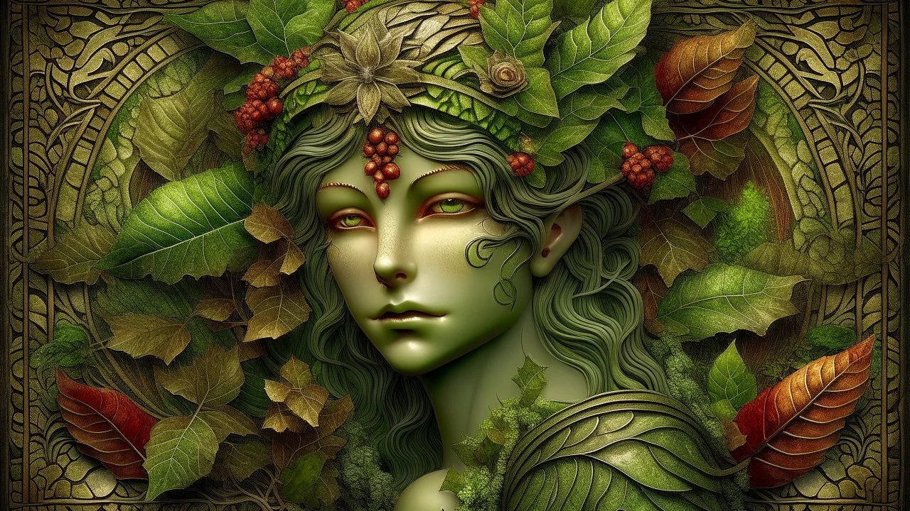 beautiful Forest fairy lady portrait, adorned with textured leaves and botanical floral palimpsest art nouveau floral ribbed and berry ribbed armour in the embossed woods background , wearing forest floral and leaves fairy art nouveau mineral stone headdress, organic bio spinal ribbed detail of full art nouveau floral backgreong extremely detailed hyperrealistic concept art