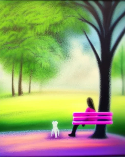 park mystical dream, park bench, man, woman, child, dog, trees, path, bird, sunshine, mystical, fantasy, romanticism, pastel colors, daylight, daytime, acrylic painting, detailed, soft focus,