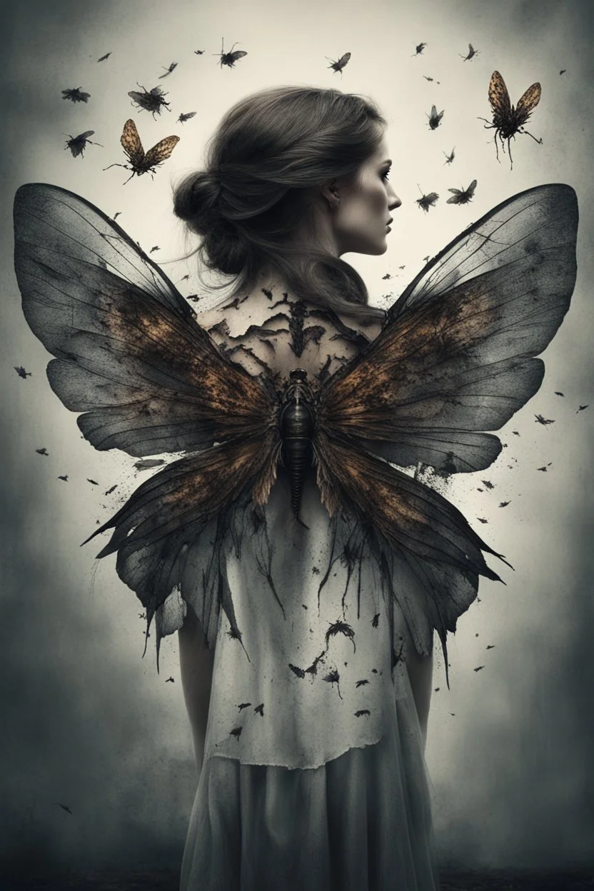 a haunting image of a woman with insect wings protruding from her back as she faces away from us, in despair and pain, her wings that are broken torn and crumbling