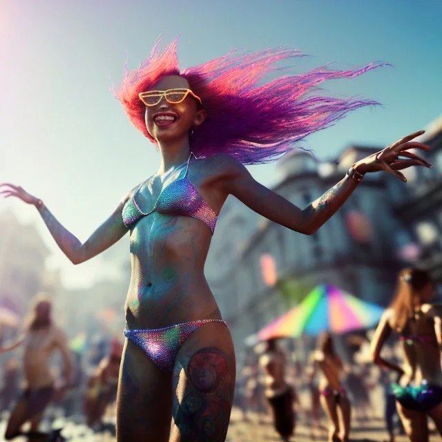 Ultra Realistic photo, medium shot view, drunken dancer bikini woman, carnival scene, monster hair, steampunk. Red hair, confeti, Sunglasses, smile, happy, festival, gradient color fog. highly detailed, concept art, unreal engine 5, ray tracing, RTX, lumen lighting, ultra detail, volumetric lighting, 3d, finely drawn, high definition, high resolution.