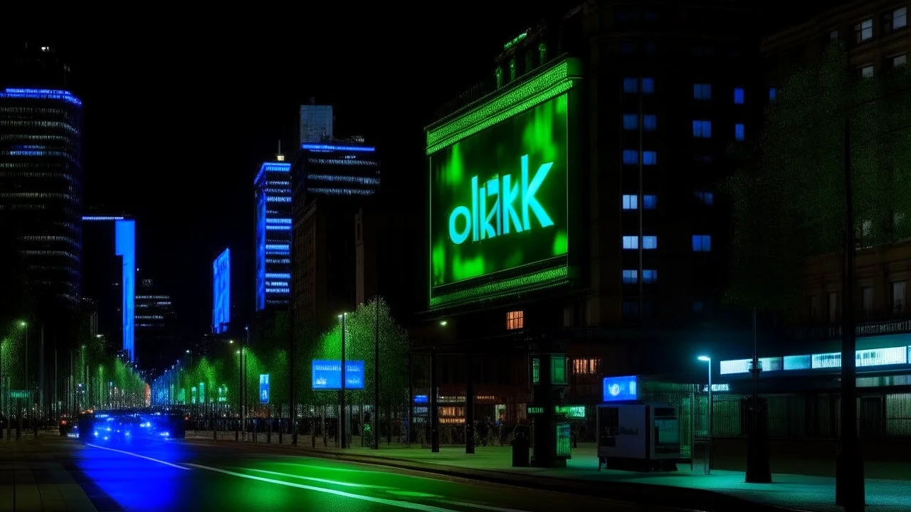 a billboard branded writing ODK , with neon light green and white , in the city center, at night . At Montréal