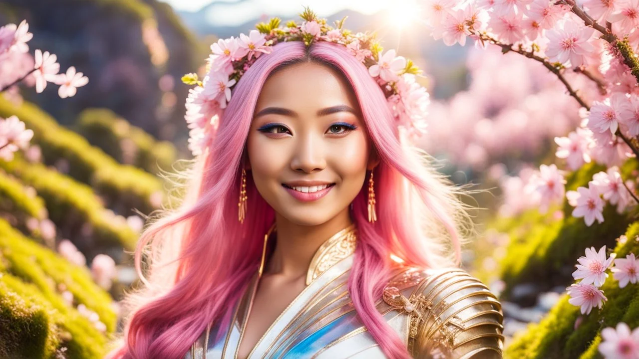 Portrait of a gorgeous smiling asian goddess with a golden dark skin, long smooth clear pink hair, blue eyes, in a sci-fi outfit with luminous strikes in a hill of flowers with sakura trees, a small torrent, loads of mini flowers, moss, sun rays through the branches, particles in the air at spring