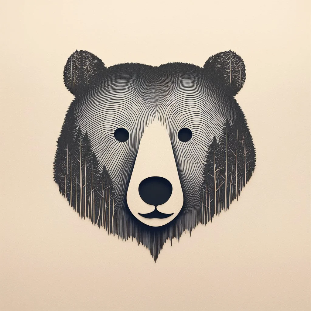 M shaped bear head surrounded with lots of woods silhouette in background, letterpress style, minimalistic pencil art