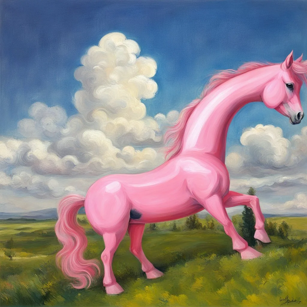 Big pink plastic toy horse.19th painting