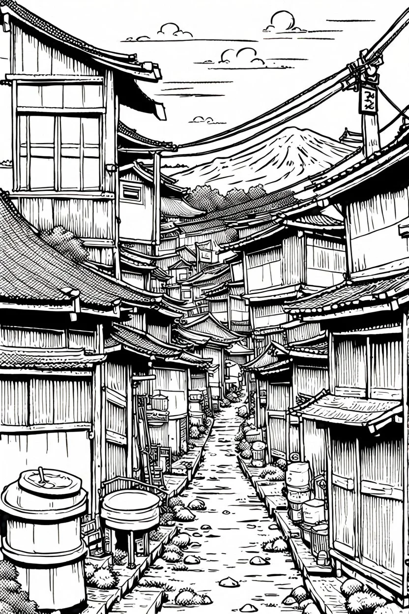 Japanese shanty town, line arts, manga style