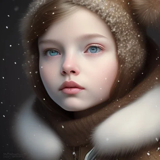 Portrait of girl child with brown hair and with cute face, north pole snowy vibe , perfect composition, hyperrealistic, super detailed, 8k, high quality, trending art, trending on artstation, sharp focus, studio photo, intricate details, highly detailed, by greg rutkowski