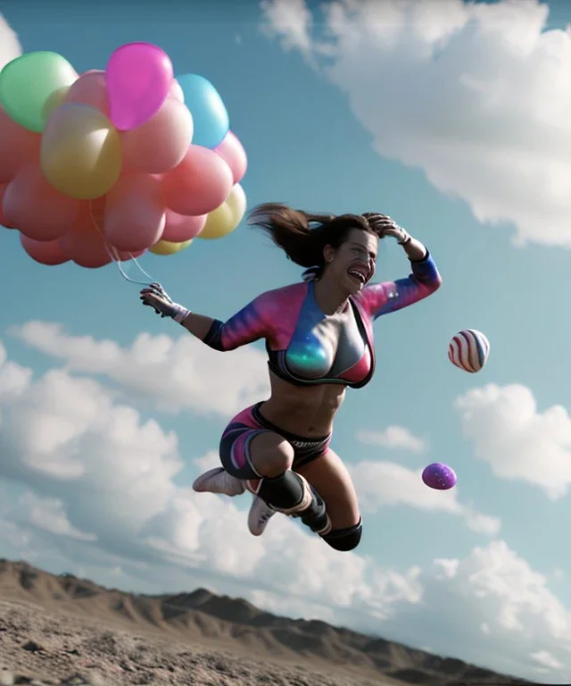 Ultra realistic speed clouds sky scene, wide angle view, sweet women falling down, inflatable color clothing, free jumping flying, many trinkets, hair monster, many jelly beans, balls, color smoke, smile, happy, circus style, extreme, wind, clouds sea, 20,000 feet altitude, stratosphere, soft color, highly detailed, unreal engine 5, ray tracing, RTX, lumen lighting, ultra detail, volumetric lighting, 3d, finely drawn, high definition, high resolution.