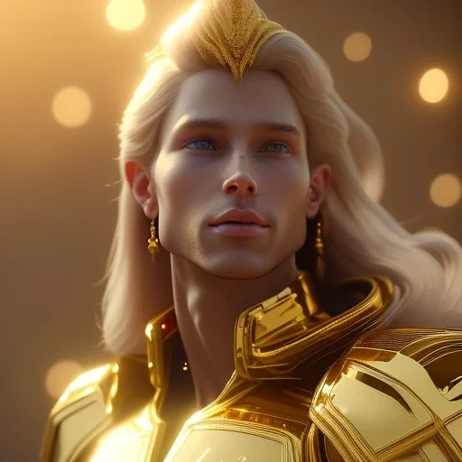 beautiful cosmic golden male, long hair, nice smiling, delicate colors, beautiful glamour galactic golden dress, ultra sharp focus, 8k, unreal engine 5, extremely sharp detail, light effect, soft light atmosphere of a spaceship, smooth, full of details, face in front, complete vision of face and body