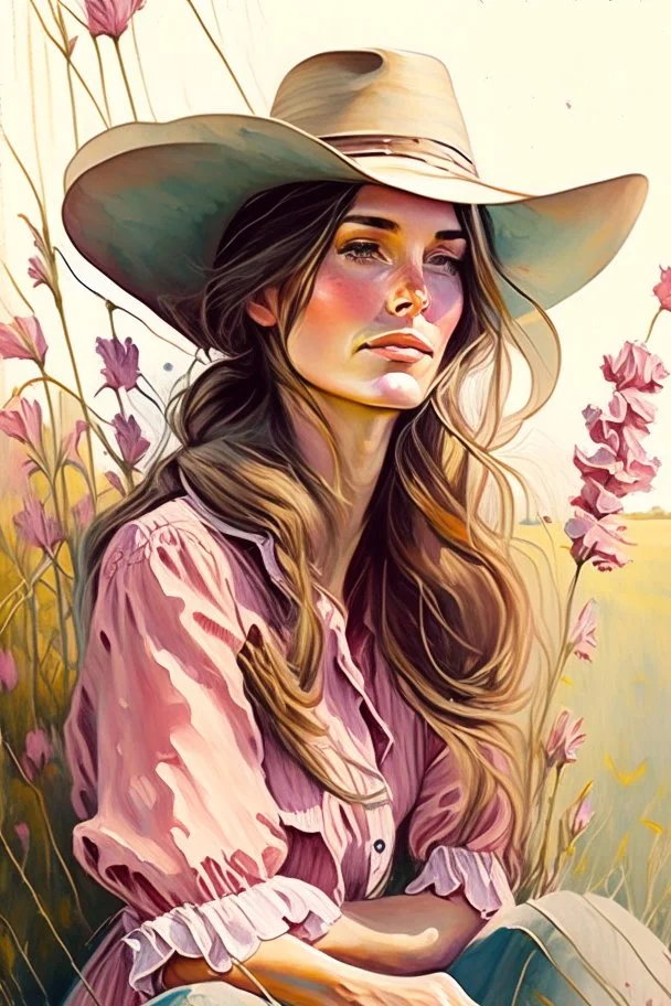 P: a young old-time cowgirl sitting in wildflowers and tall grasses, peaceful vision, wisps of hair around her face, straw hat, pink floral dress, muted colors, soft watercolor