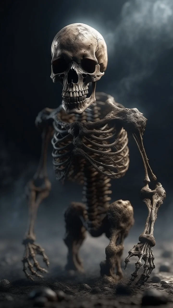 A creature with skull covered with thick layer of corrosion standing in the dark of a nightmare , hyper photorealistic, hyper detailed dark art color, high resolution, fog, octane render, tilt shift, HDRI Environment, all pictures dark gray