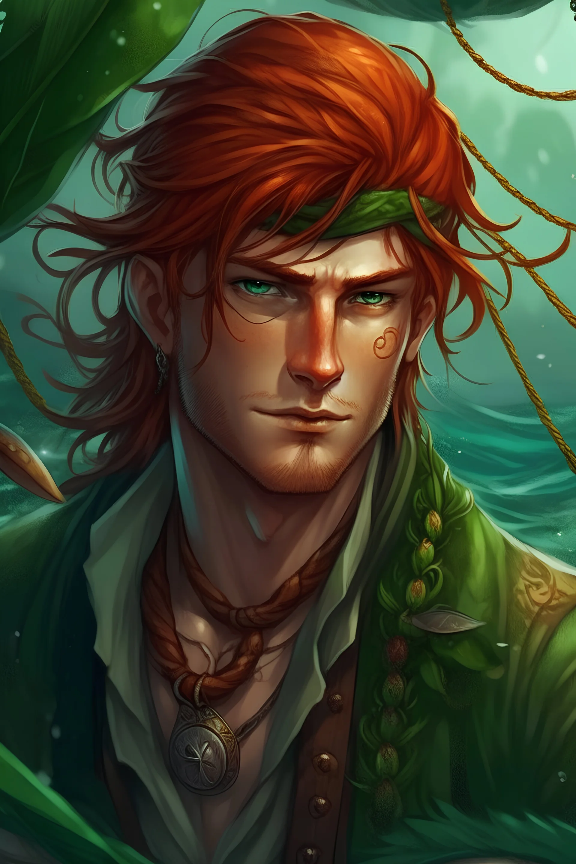 determined wet pirate nereid male with auburn hair and seaweed