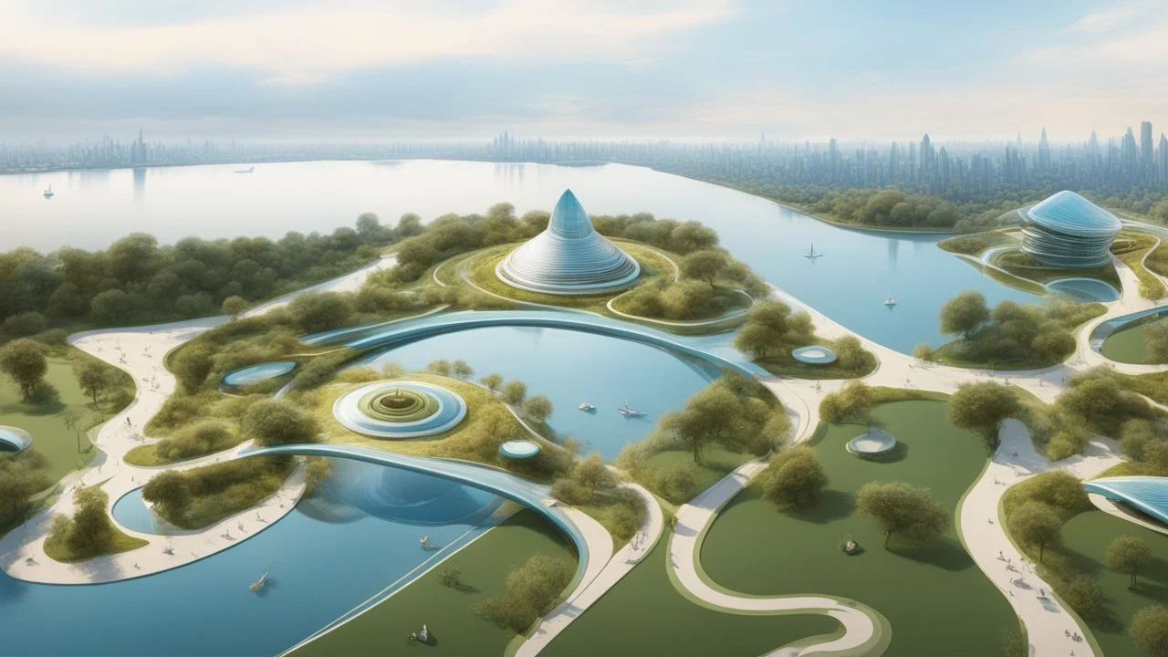 theme park of the city of the future 2050, fairy tale, radiance, abstraction, bird's eye view, walking park