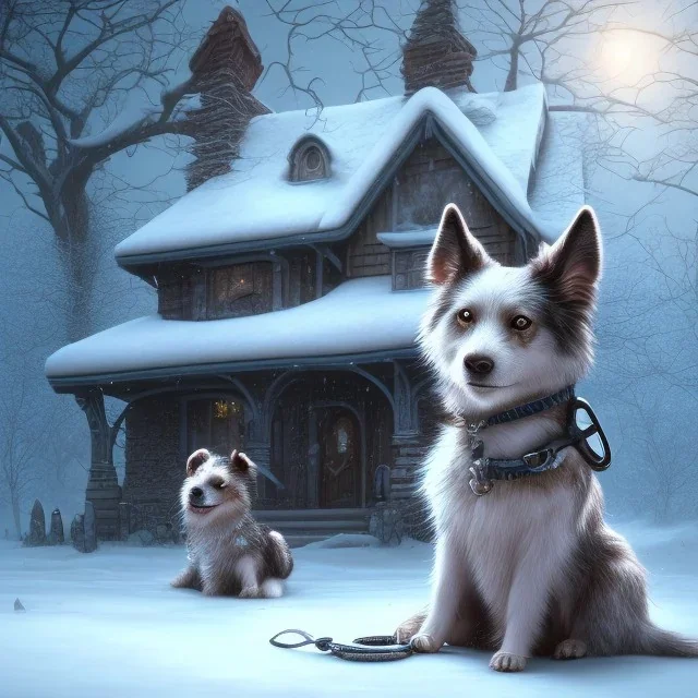 SAD, SCARED, LONELY DOG TIED on a leash outside in front of a house, WINTER, 8k resolution, high-quality, fine-detail, intricate, digital art, detailed matte, volumetric lighting, illustration, 3D octane render, brian froud, howard lyon, selina french, anna dittmann, annie stokes, lisa parker, greg rutowski