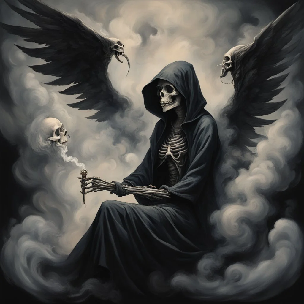 women sitting on a dark background. Her their face turned upwards and blows cigarette smoke from their mouth, The dominant colors are black and gray. It depicts a figure with wings emerging from its back. a hooded skeleton can be seen behind the clouds of smoke. he holds a scythe in one hand and a touch person in the other