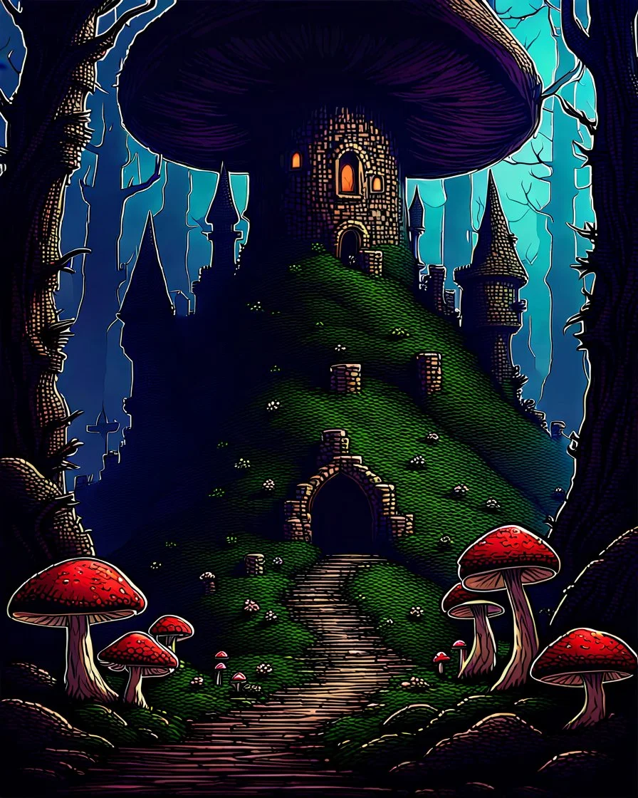 A frightening mushroom forest dungeon with a twisted bramble evil castle in the background