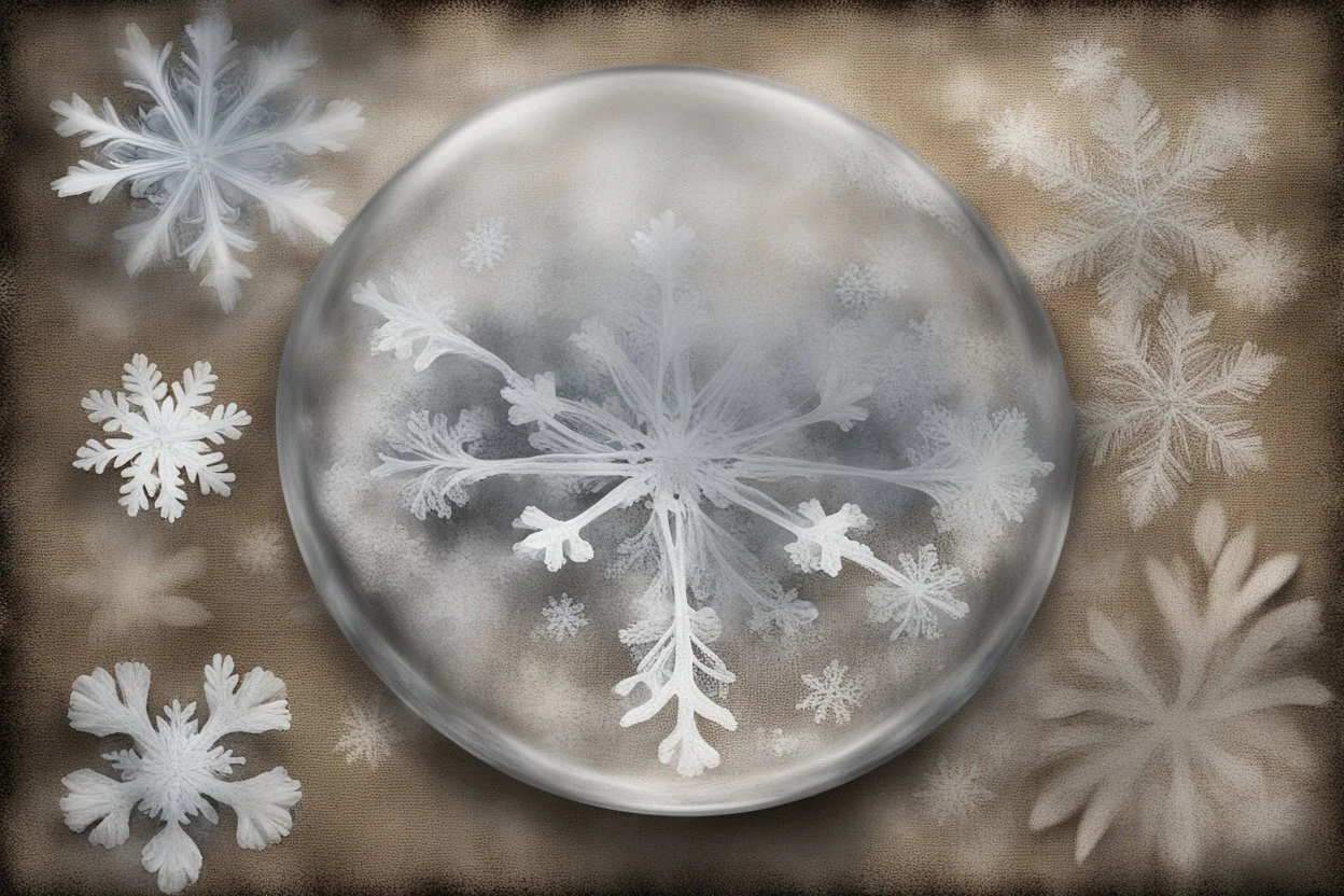 snowflakes, flowers, blur 5%, double exposure, merged layers, silver glitters, in the first part (near to us) of the picture you can see a plain sandblown smoked glass, engraved with a folk art pattern, the glass is cracked in several places, in some places the glass is broken, crumpled burlap, through it you can see a tropical rainforest with a waterfall, mist, tooth, sunrise