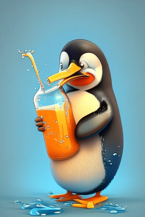Cartoon character penguin drinking juices
