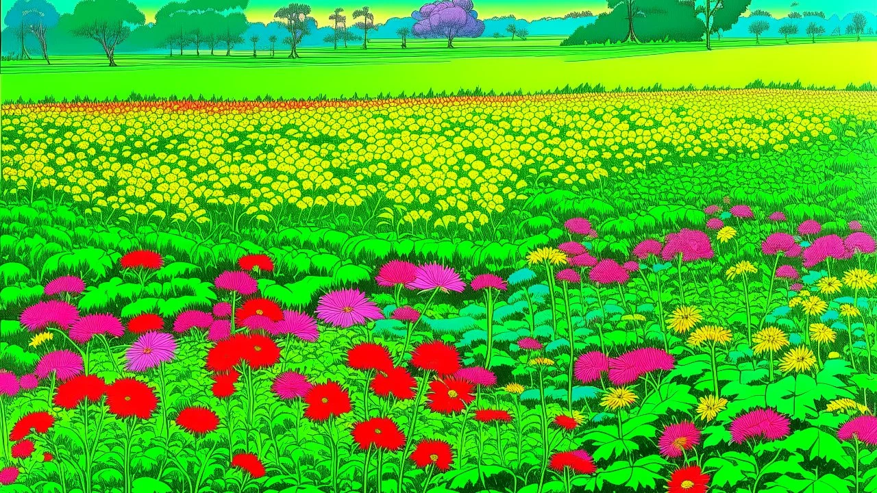 A neon green field with beautiful flowers painted by Utagawa Hiroshige