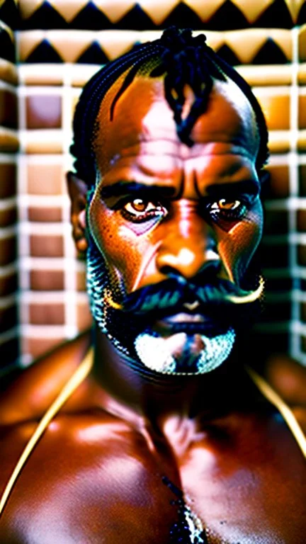 strong stocky marocan with chevron moustache 40 years old under the shower, hands over the head, big tights, wet, in an old bathroom, misery and poverty, photorealism, 35mm lens, ultra detailed, extreme close up photo