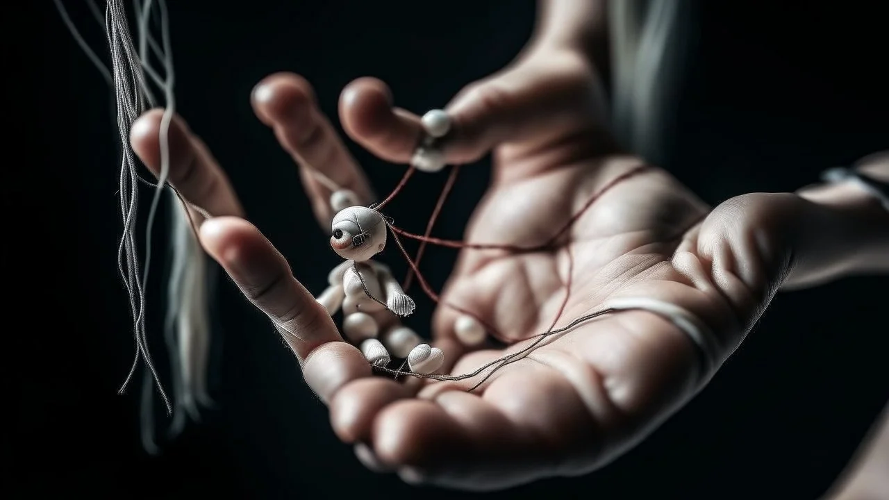 يد تمسك بخيوط الدمى، تمثل سيطرة الشخص على الآخرين.
