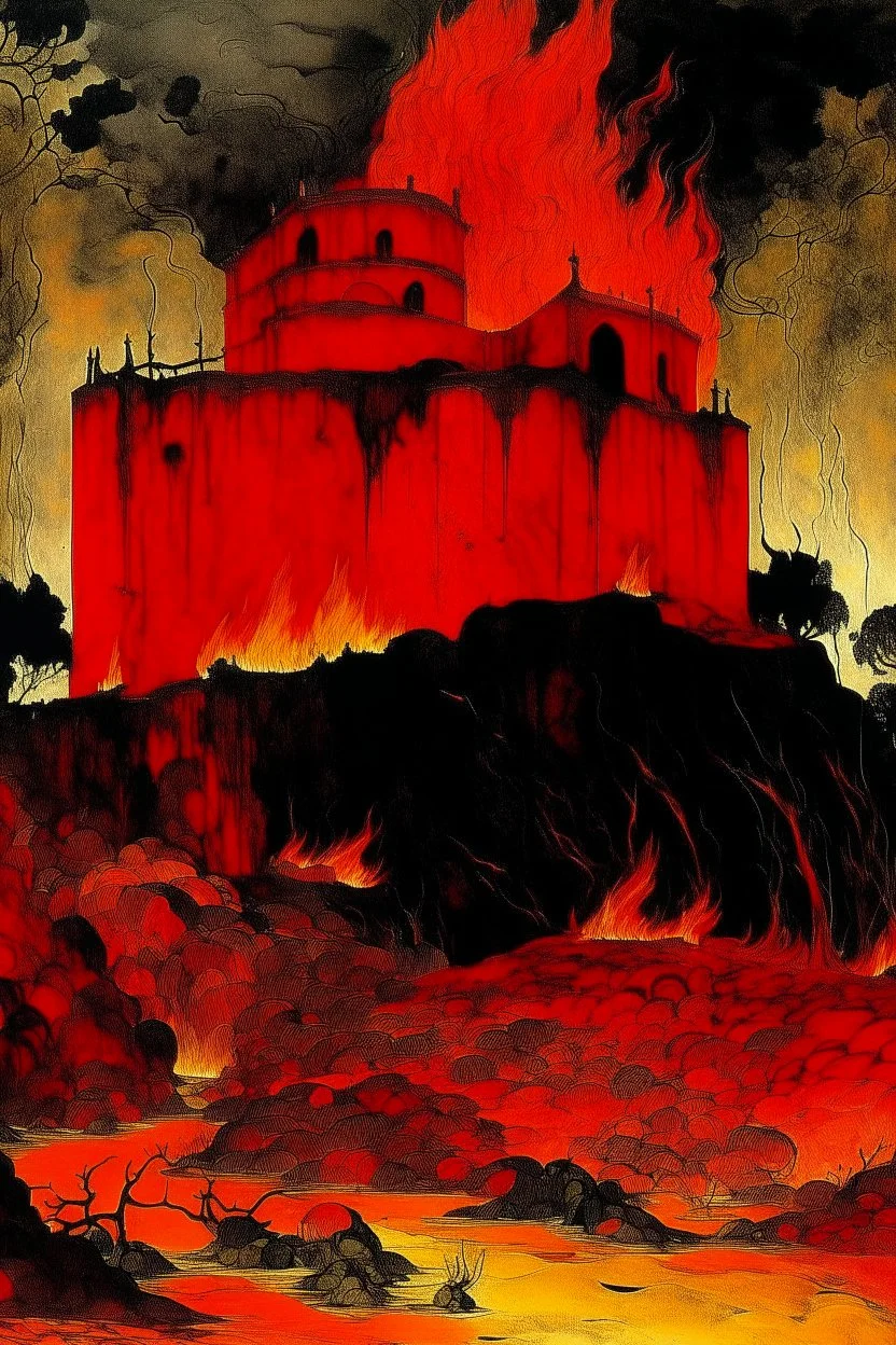 A red volcanic castle in a fiery realm designed in Lascaux cave paintings painted by Edouard Manet