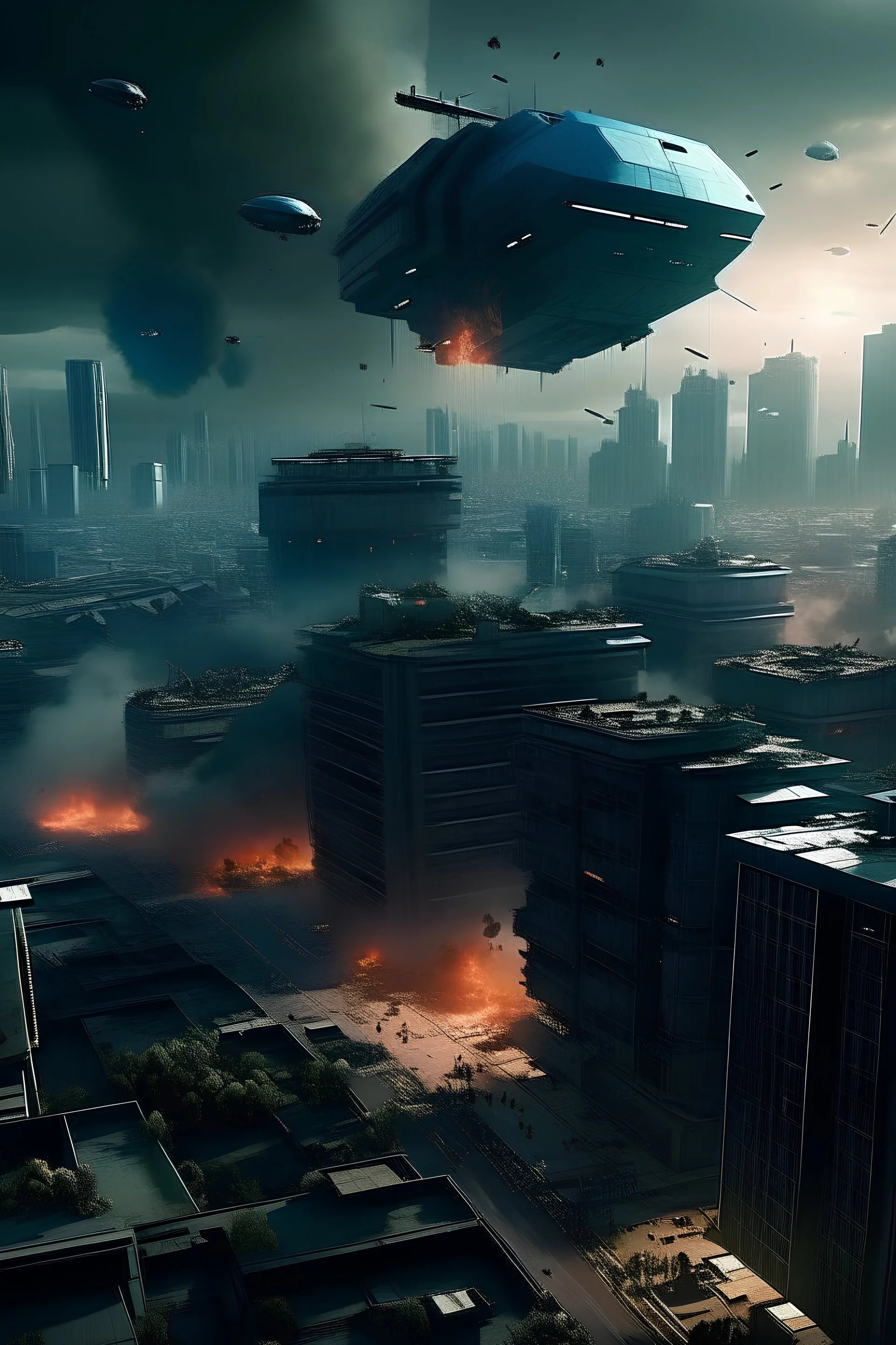 cyberpunk city being bombed