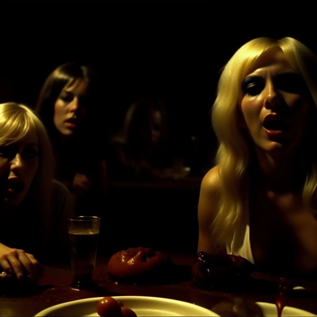 Horror movie shot, spooky, very hot, ultra realistic, hot dine, ultra realistic hot blonde women, hot party, pieces of meat, they enjoy, organs, ail, dynamic, very excited people, hypermaximalist figures, light, 1970's Italian horror movie, sinister,, Dario Argento, Stanley Kubrik, ornate, 4k, photorealism