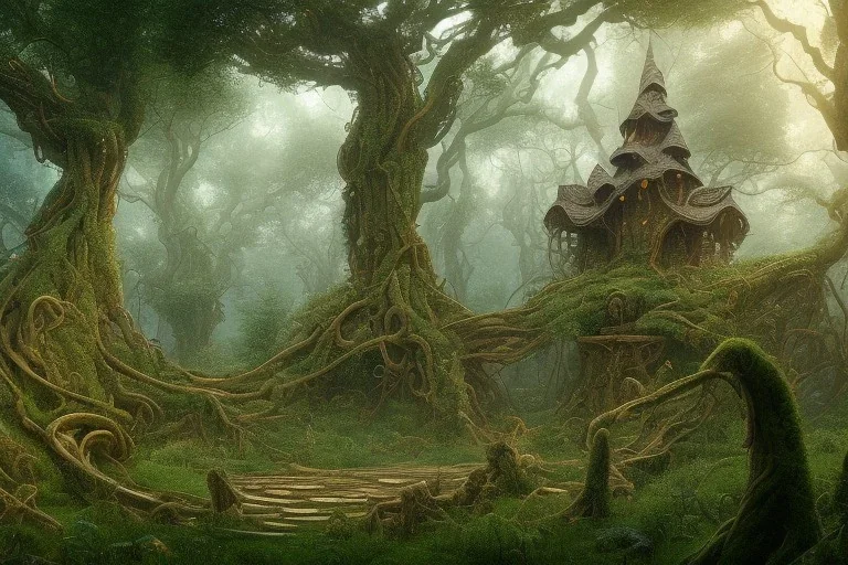 a beautiful and highly detailed matte painting of a wooden elven temple in a magical fantasy garden in a lush forest, celtic knots, ancient runes, knotted trees, tangled vines, intricate details, epic scale, insanely complex, 8k, sharp focus, hyperrealism, very realistic, by caspar friedrich, albert bierstadt, james gurney, brian froud