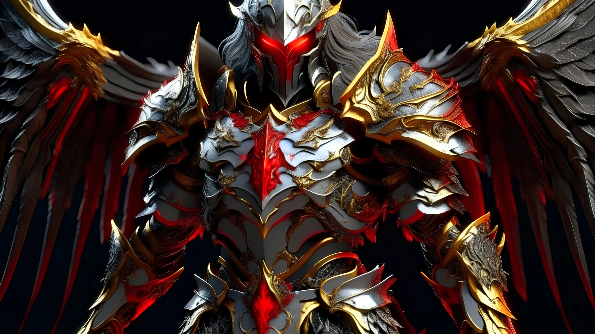 silver and gold knight armor with glowing red eyes, and a ghostly red flowing cape, crimson trim flows throughout the armor, the helmet is fully covering the face, black and red spikes erupt from the shoulder pads, crimson and gold angel wings are erupting from the back, crimson hair coming out the helmet, spikes erupting from the shoulder pads and gauntlets