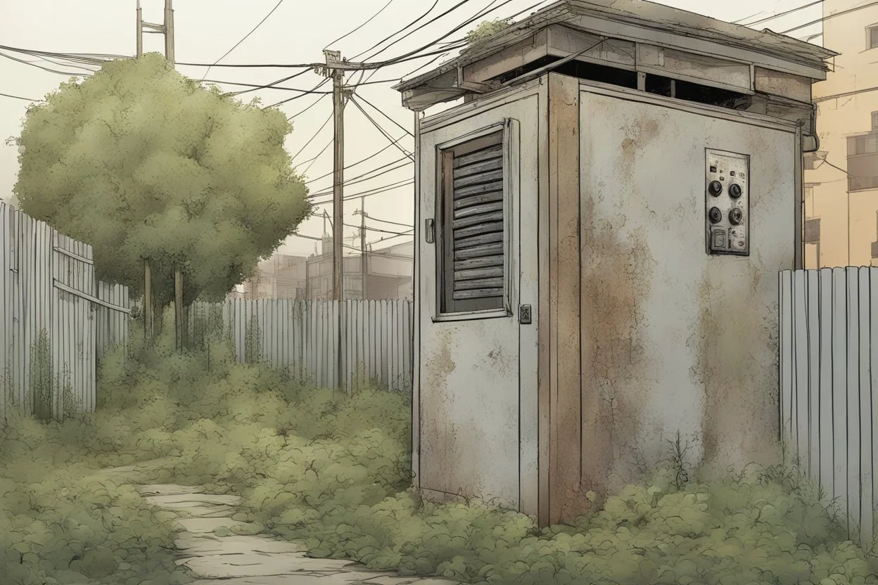 house, electrical box, overgrown, post-apocalyptic, comic book, city background