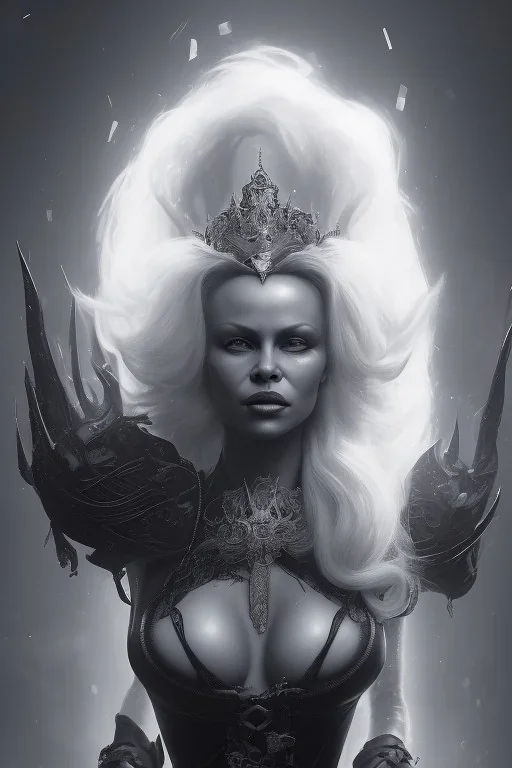 Pamela Anderson as evil queen in black leather, leather, busty, cleavage, angry, stern look. character design by cory loftis, fenghua zhong, ryohei hase, ismail inceoglu and ruan jia. unreal engine 5, artistic lighting, highly detailed, photorealistic, fantasy