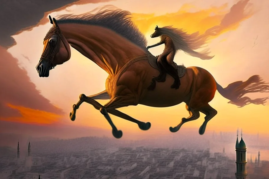 Ultra realistic vibrant antrophpmorphic half-human, half-horse creature (Centaur) with human head flying after a dynamic jump in the sky before a Bird's-eye view of Istanbul at sunset, with Hagia Sofia visible, in the twilight, and fog and mist rolling in between the houses. Pastel brown and orange colors, sepia very attractive fantastic view