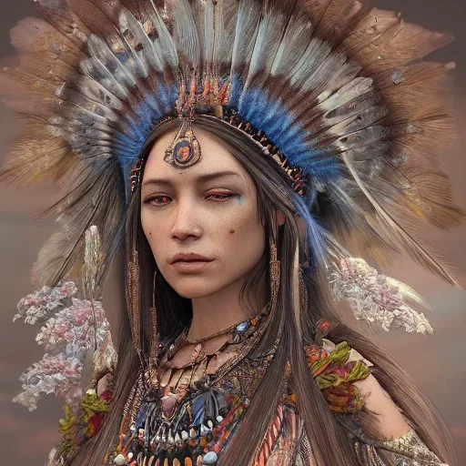 Insanely detailed photograph of an “portrait of gorgeous native american goddess ” with intricate hair, intricate embroidered dress, beautiful clear face and hyperdetailed painting by Ismail Inceoglu Huang Guangjian and Dan Witz CGSociety ZBrush Central fantasy art album cover art,8K, hdr, romantic, mysterious, ominous, flowers, jewelry, comfort, natural eyes, "arms open for embrace"intricate and detailed headdress