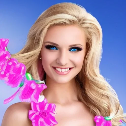 jolie femme avec longs cheveux blonds - joli visage souriant et beau corps bien formé , beaux yeux bleus - grandes ailes roses transparentes , ciel bleu fleurs roses et blanches. robe en soie