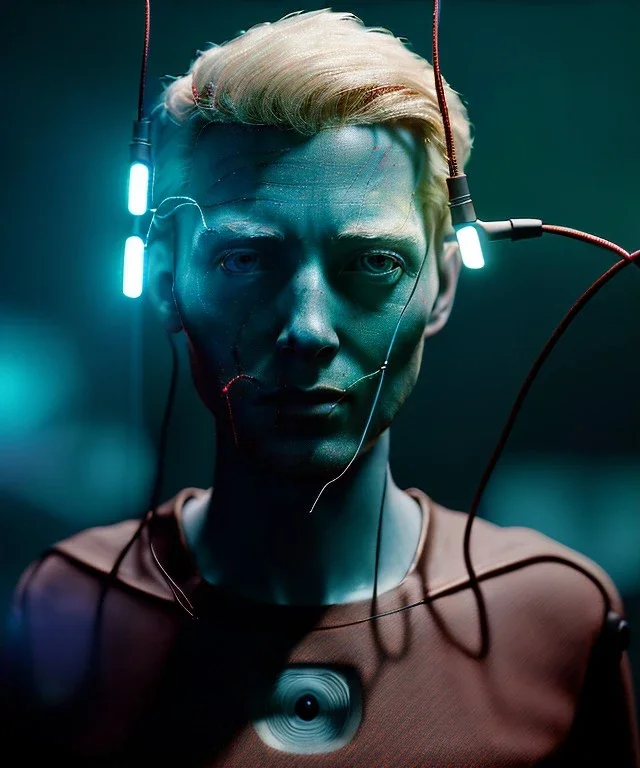 Ultra realistic photographic night portrait, cinematic, <blonde woman> <hanging wires> <retro monitor> many wires coming out of the head <perfect pupil> <cyborg arm> <garage> <wide angle Shot> <sci-fi futuristic> <thriller>, led lights, color fog, soft color, highly detailed, unreal engine 5, ray tracing, RTX, lumen lighting, ultra detail, volumetric lighting, high definition.