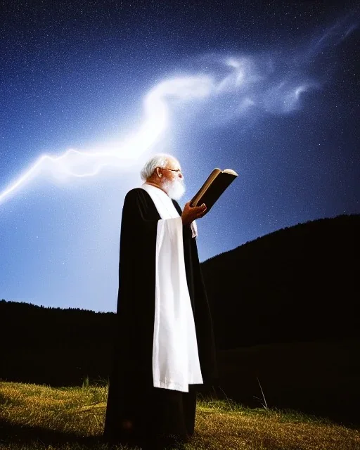 old man wizard with white reading a spellbook, long black robes, stars in the sky