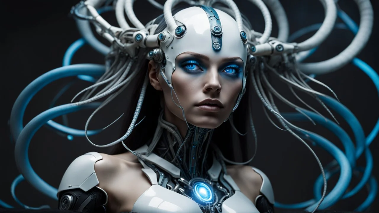 An android-mutant woman with long hair, a biomechanical mutant with sky-blue eyes, a white robot body, she is the AI-Medusa woman with like snakes of hair, the wirling with blue-white hair, full body, stunning, mystic and sci-fi mix creature, high detalied, sharp focus, perfect beauty, professional photo