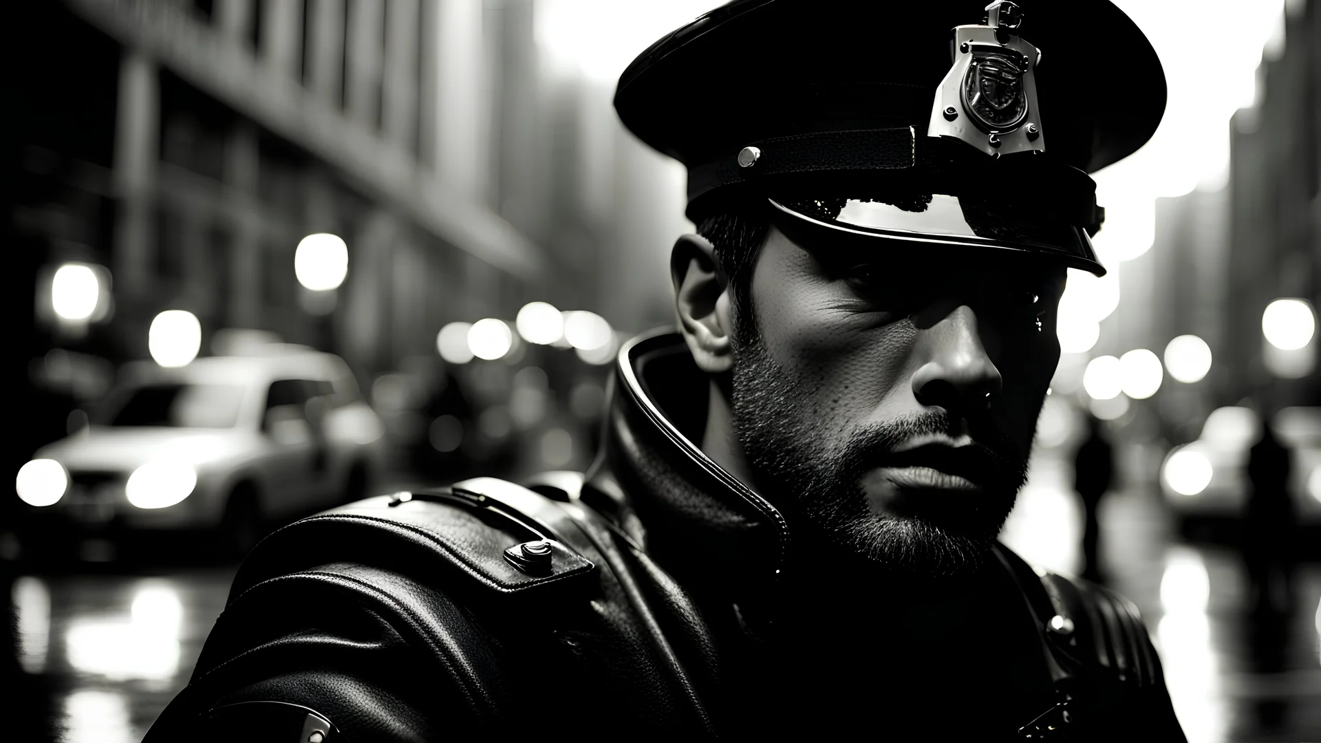 black and white distopic city night, garbage in the streets, rainy, close up face of futuristic police man, cinematic light, HDR, beautifully shot, hyperrealistic, perfect composition, high contrast, cinematic, atmospheric, moody