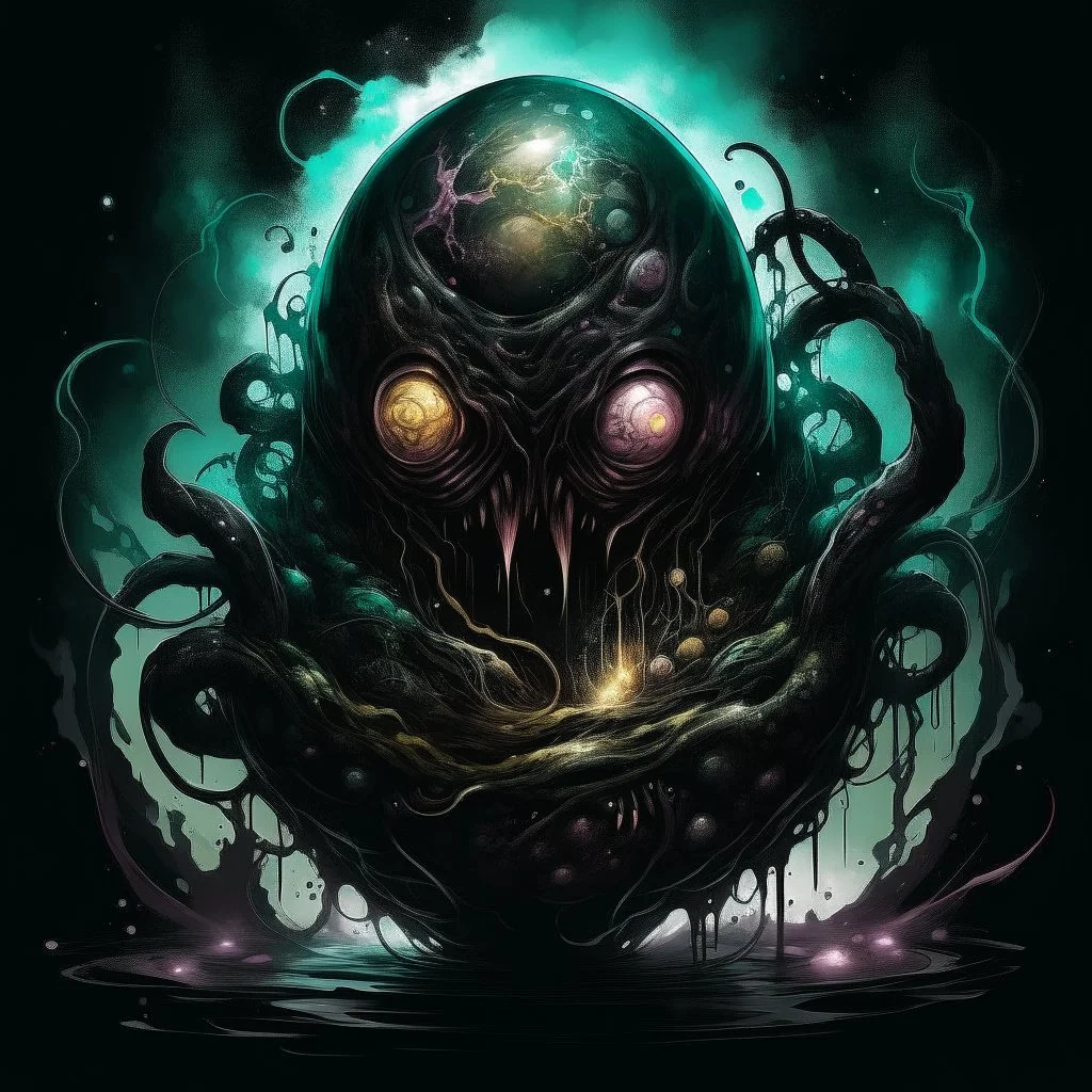 dramatic dark colorful fantastical ink illustration, surreal double exposure sinister face of a ghostly fanged lovecraftian Shoggoth layered over a magical shining black egg cracking with dark energy, levitation,