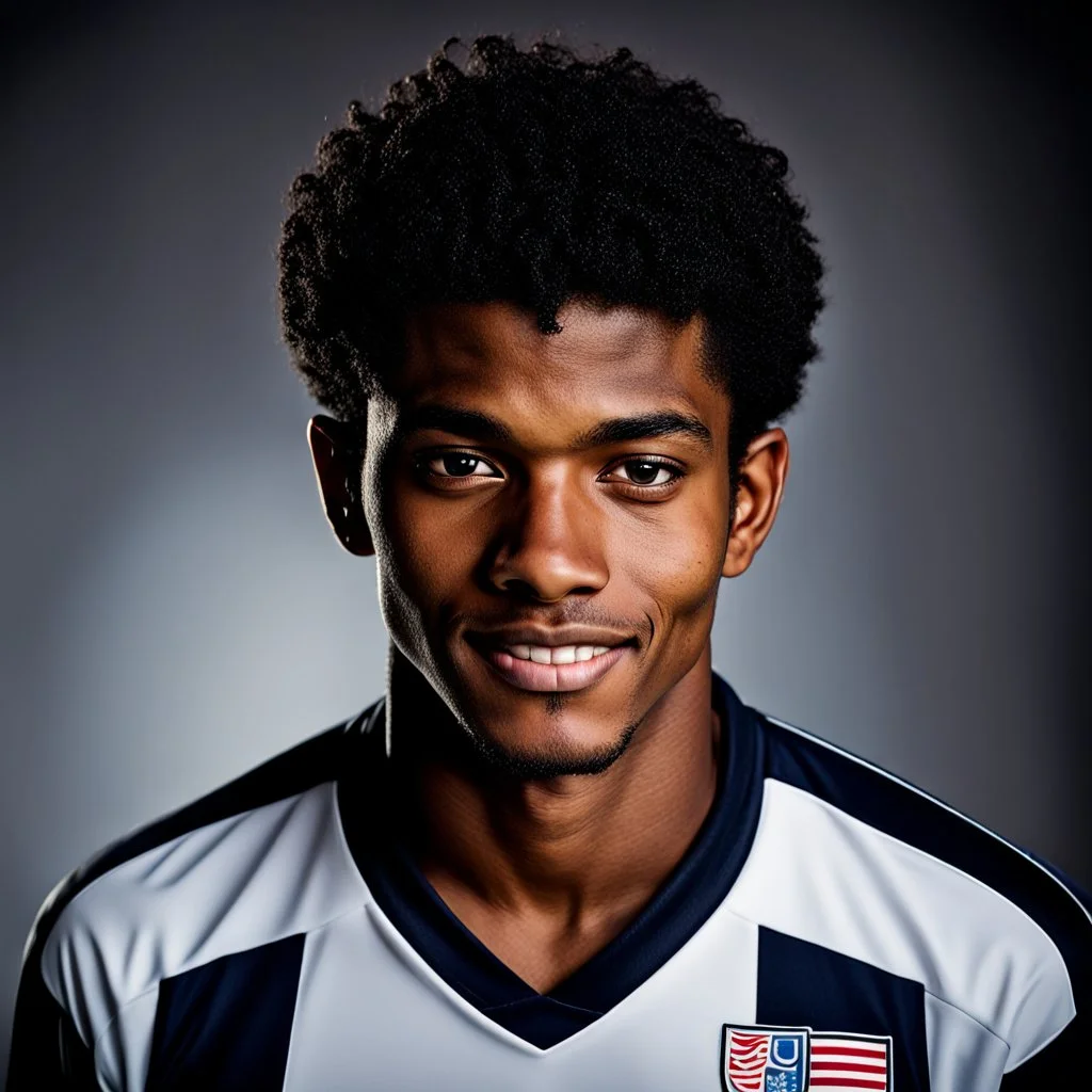 85mm DSLR color photography of a very detailed headshot fitting all of head and hair in frame. 20-year-old USA soccer player, with black hair color and with small facial hair and has a brown skin tone and has a small afro with a small smile, grey background