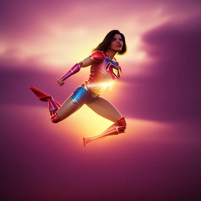 superwoman. photographic, bright colors and sunset, oil on canvas, kodachrome, volumetric light