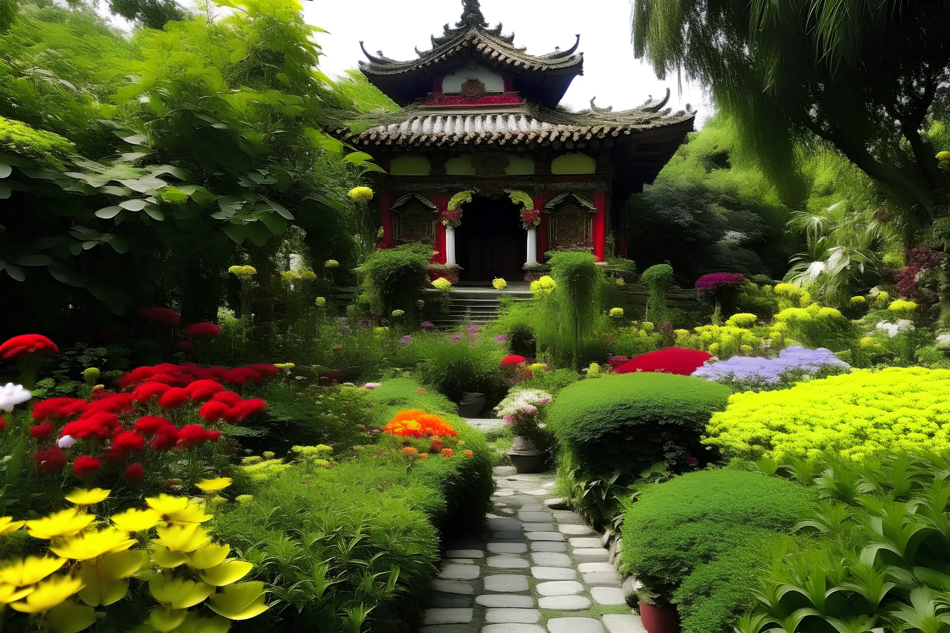 a Buddhist temple near garden full of flowers