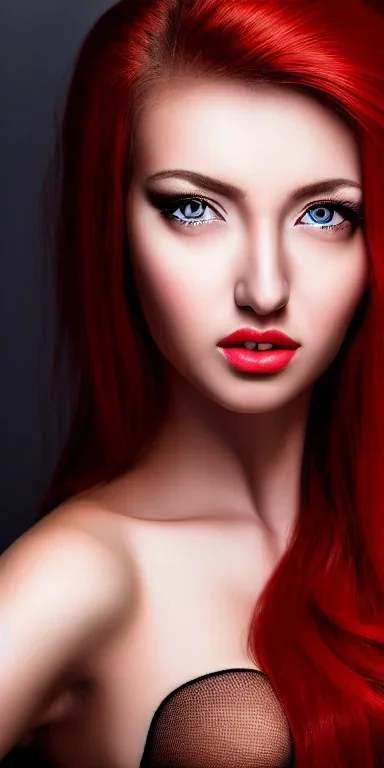 Studio portrait photo of a sexy and seductive woman age of 27, gray cat eyes, red hair,very detailed face, studio lighting, fantasy, golden ratio, sharp focus color, corrected hyper detailed pino daeni