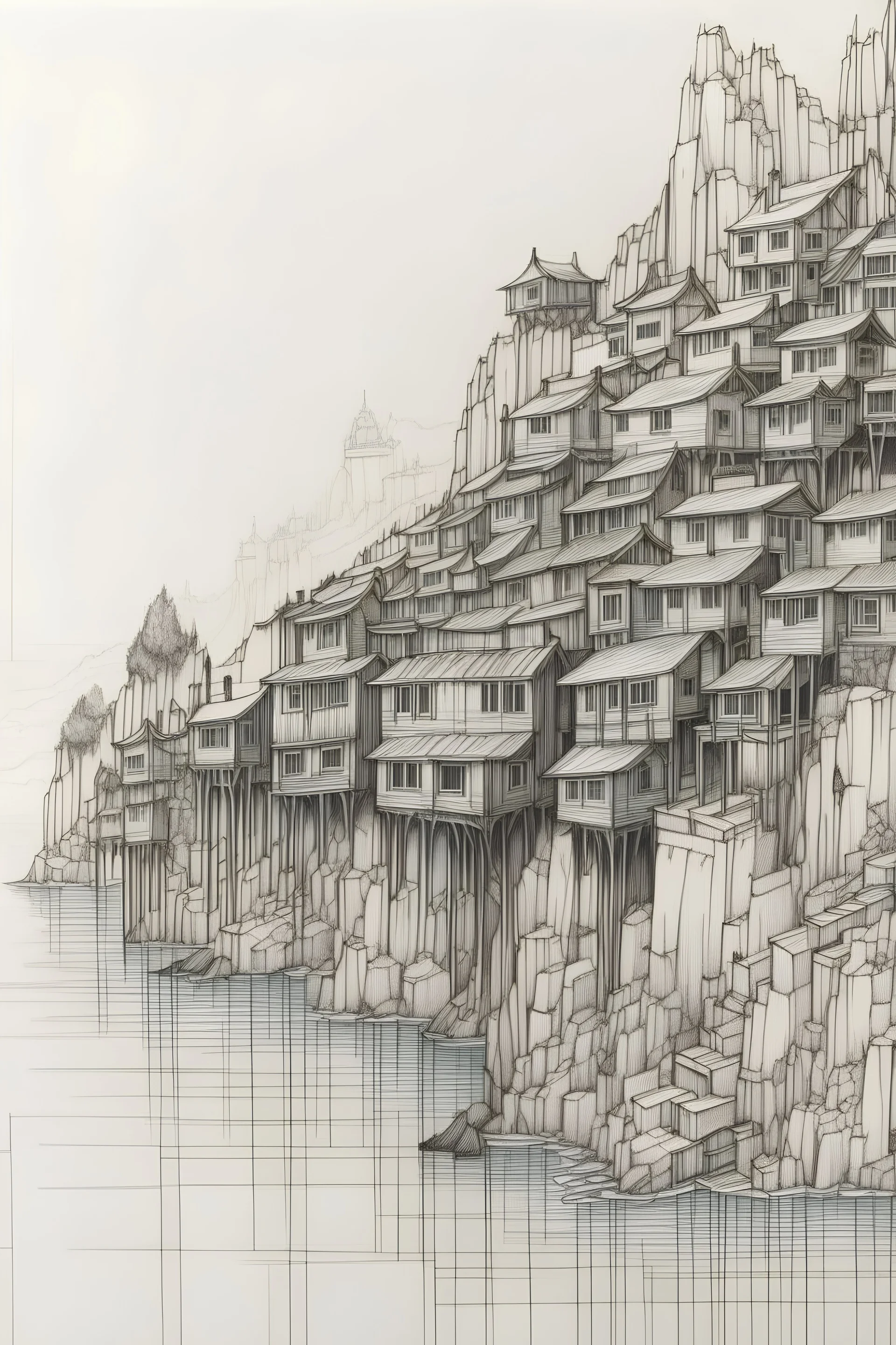 wooden cliffside city with lagoon sketch