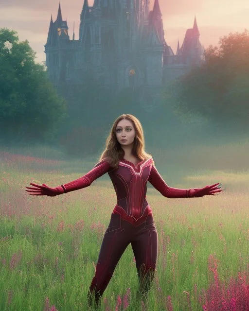 Feiticeira escarlate, Elizabeth Olsen, feiticeira, magia, bonita, cenário em um campo de flores, cinematográfico, dramático, por do sol, campo de flores, cores frias