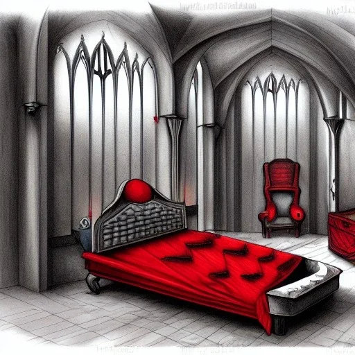 Coffinbed, Vampire lair,gothic, blood,room interior design illustration by mick ricereto, detailed, interior croquis color illustration, digital illustration, 4k, ultra hd