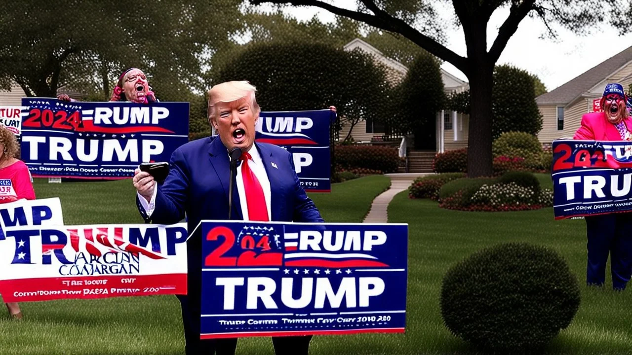 man in drag screaming on phone with trump 2024 campaign signs all over lawn