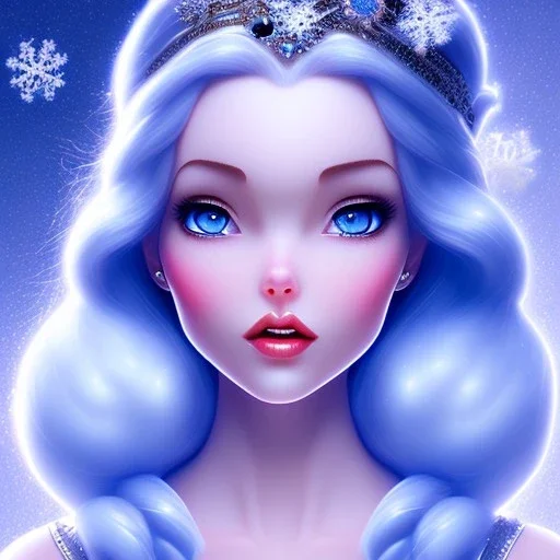 Snow white, crystal, beautiful, soft, blue light, star in background, blue eyes, black hair