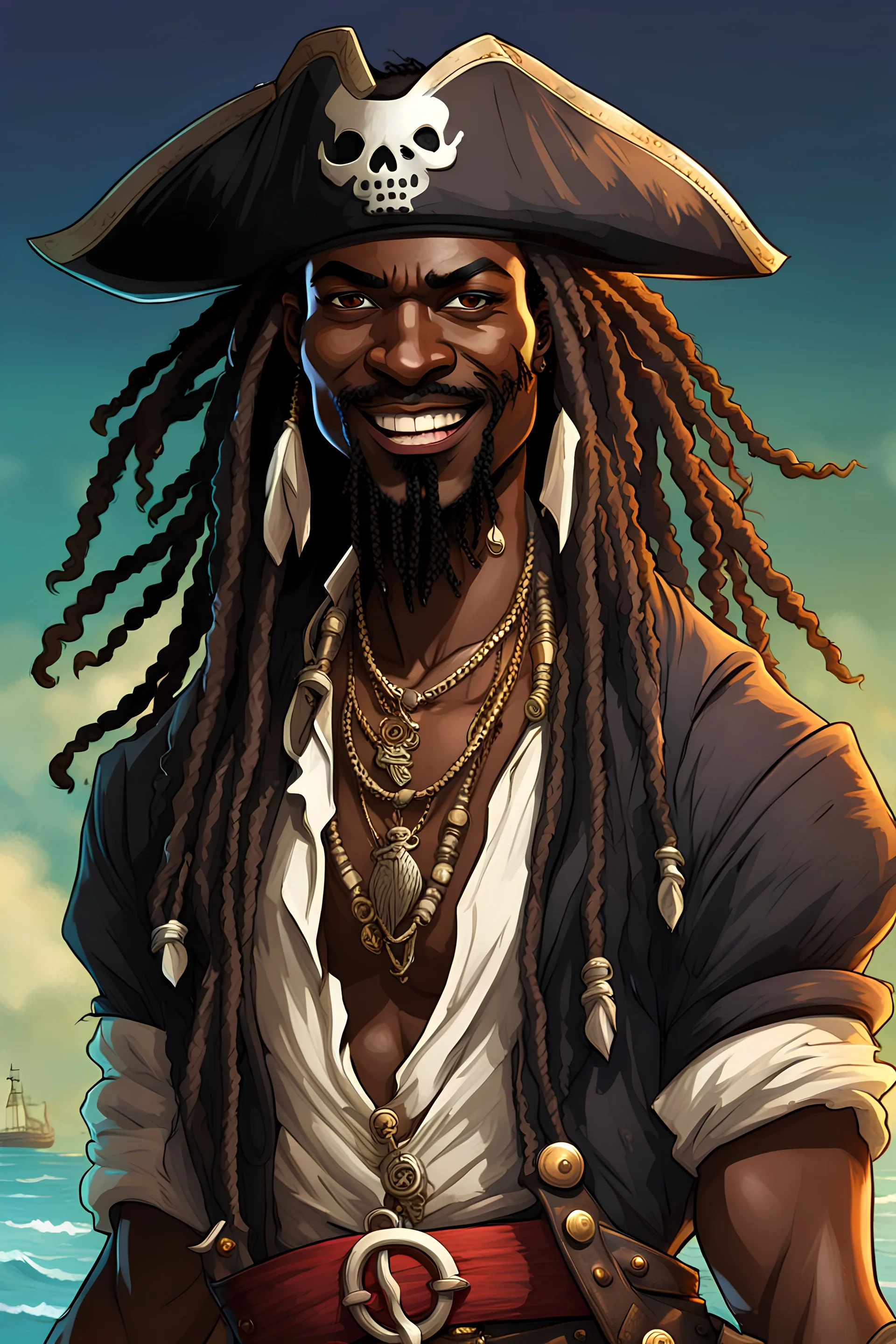 Dark-skinned Pirate, Caribbean, dreads, happy, stylized, realistic