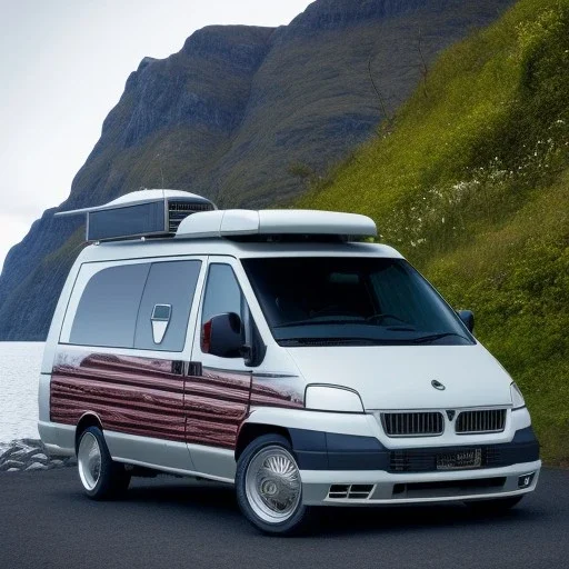 A newest Campervan is parking in a norwegian Fjord